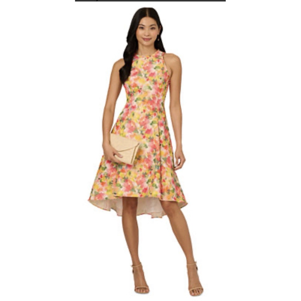 Adrianna Papell Dress Pink Floral Jacquard Ruffle Fit Flare NWT $179 Size 16